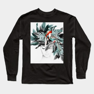 Woman with tropical plants, Parrot, Abstract, Girl, Fashion art, Modern art, Wall art, Print, Modern Long Sleeve T-Shirt